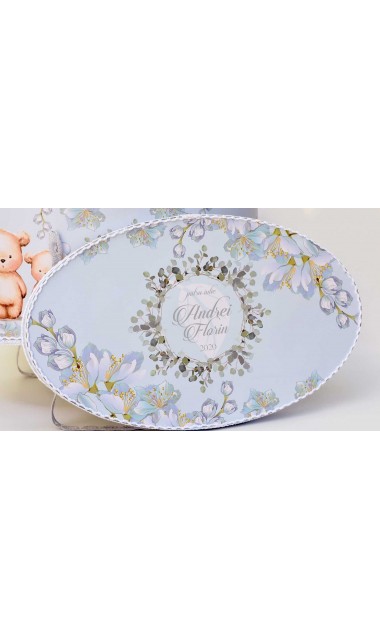 Trusou de botez cu eucalipt si ursuleti pe fundal bleu mint Little Blue Bear 16